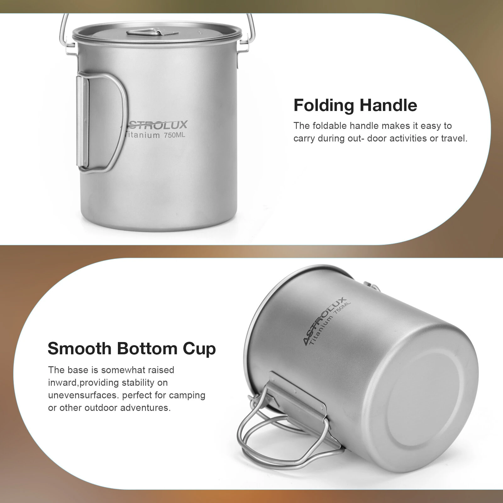 (image for) Astrolux&reg; Ti-M1 Titanium Mug Titanium Pot Lightweight Camping Pot Titanium Cup Titanium Backpacking Pot with Portable Foldable Handles for Outdoor Camping Hiking Backpacking